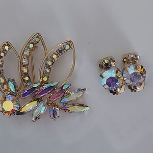 Aurora Borealis Brooch and Clip Earrings, Sparkling Rhinestone Brooch